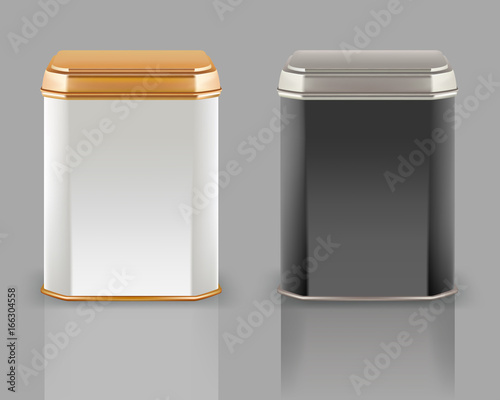 Vector 3d mockup. White and black square empty tin packaging, si