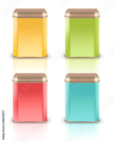 Vector 3d mockup. Collection of color square empty tin packaging