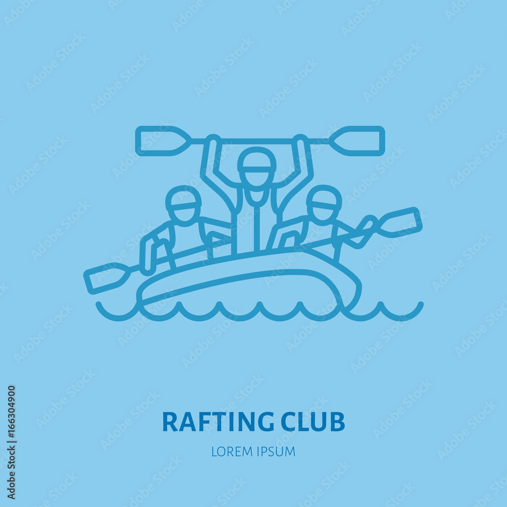 Rafting, kayaking flat line icon. Vector illustration of water sport - happy rafters with paddles in river raft. Linear sign, summer recreation pictograms for paddling gear store. Rafting, kayaking flat line icon. Vector illustration of water sport - happy rafters with paddles in river raft. Linear sign, summer recreation pictograms for paddling gear store.