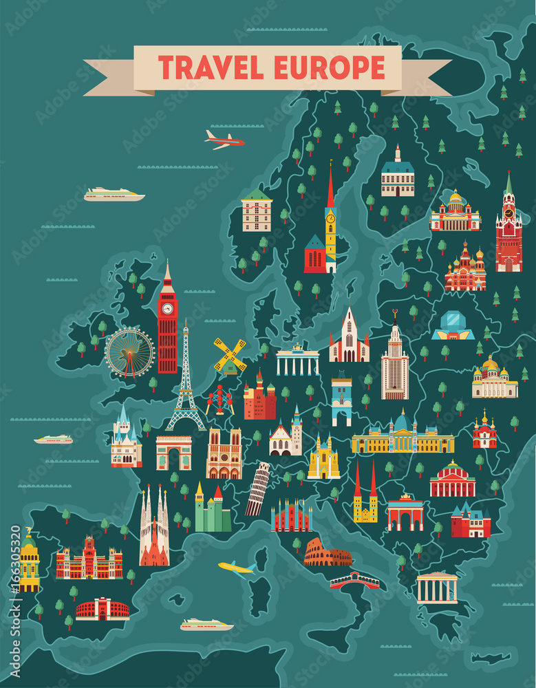 Europe travel map poster. Travel and tourism background. Vector  illustration Stock Vector | Adobe Stock