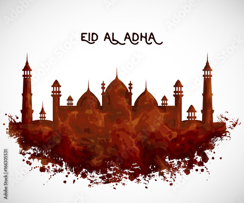 Greeting card with mosque building in watercolor style. Design concept for traditional muslim festival eid al adha. Vector illustration