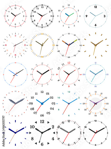 Set of twenty mechanical clocks. Clock face on white background.
