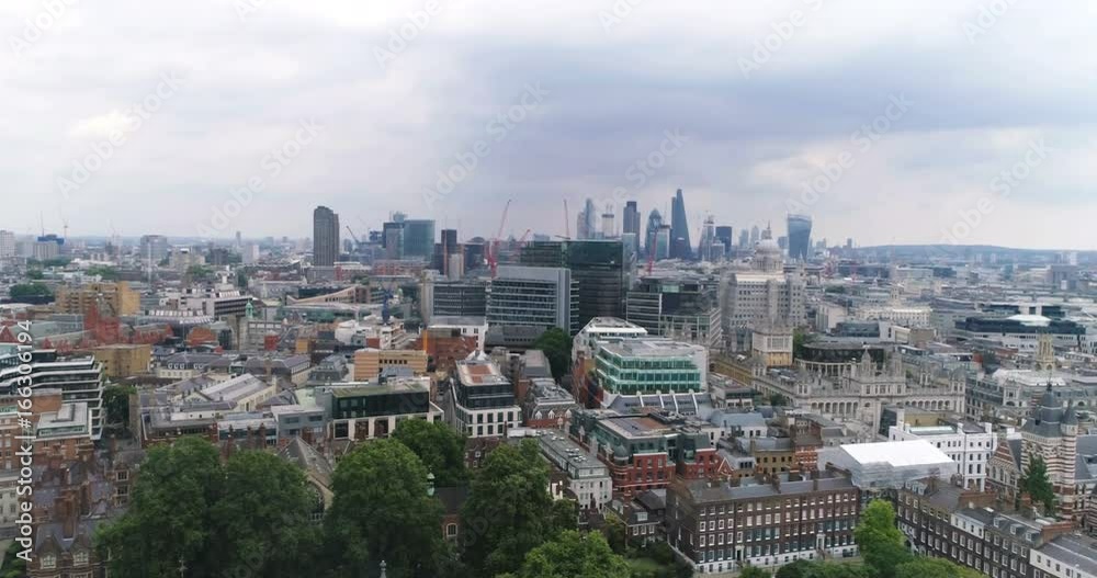 Aerial panning view of the skyline of the City of London from Holborn