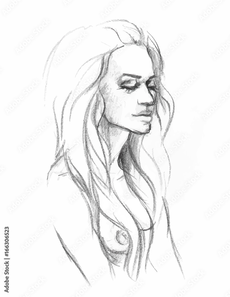 Vector Portrait Of A Naked Girl Drawing With A Pencil Stock Vector