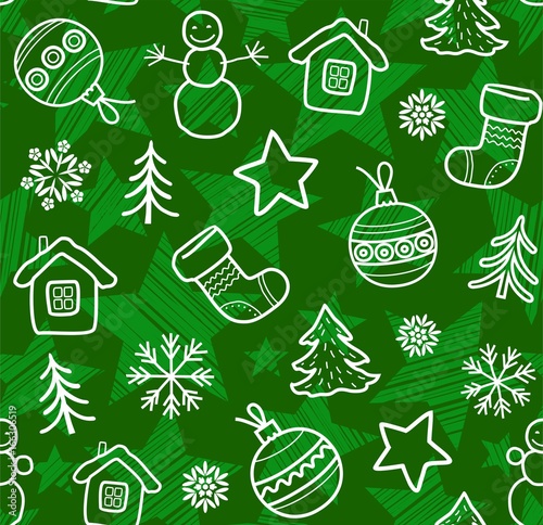 Christmas green background, white contour drawings, seamless, vector. Christmas balls, boots, stars and snowmen painted thin white lines on a green background. 