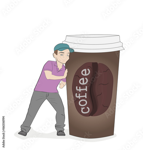 A little man is pushing a cup of coffee. Concept of coffee break. vector illustration.