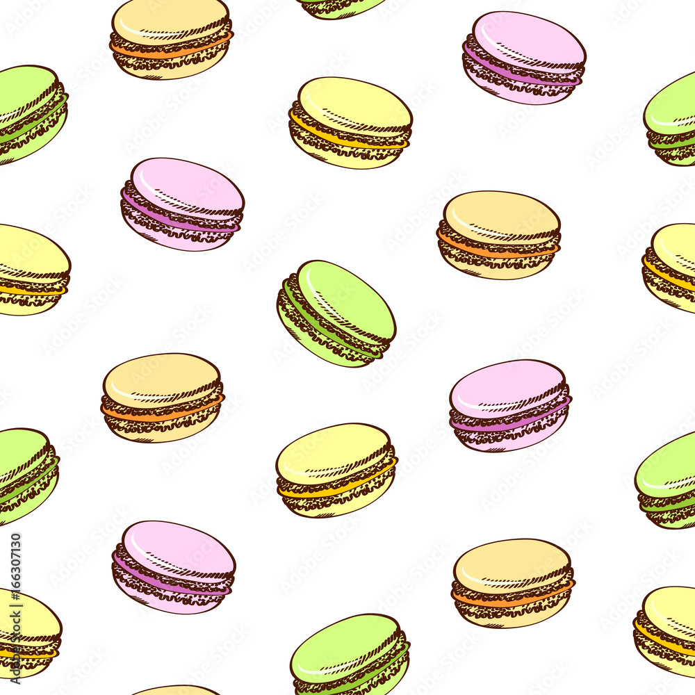 Seamless background with colored macaroons. Cartoon style. Isolated on a white.