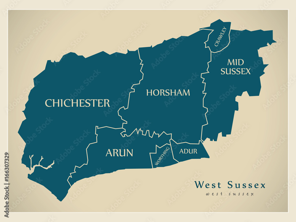 Modern Map - West Sussex county with district captions England UK illustration