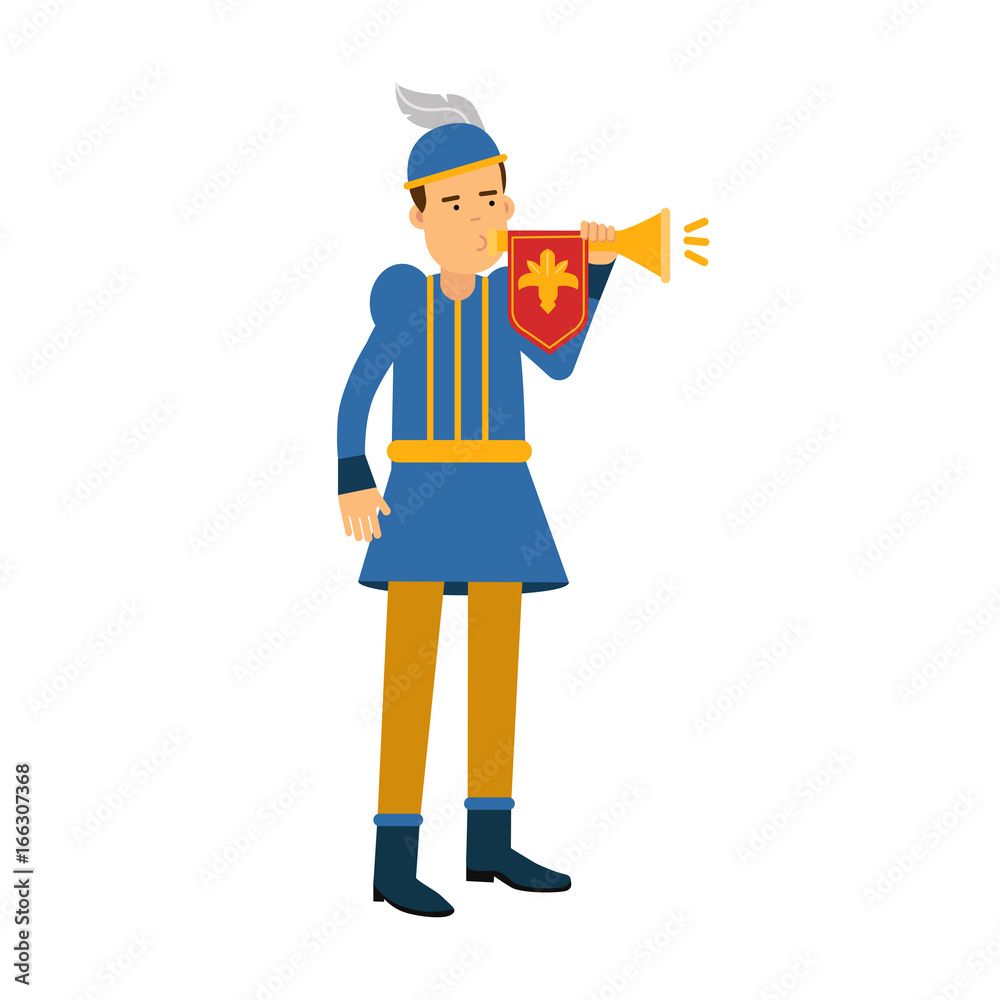 Royal herald medieval character with trumpet, colorful vector Illustration