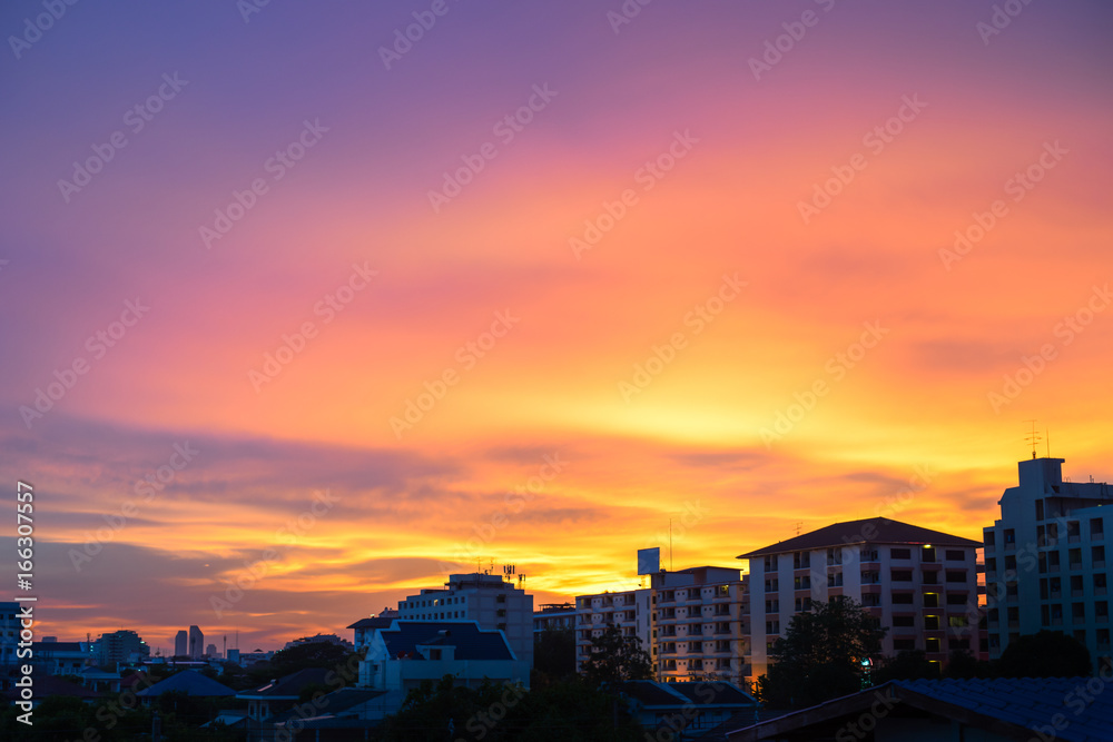 beautiful twilight landscape, sunset, silhouette city scape, sky, cloud  