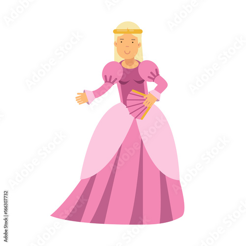 Beautiful blonde princess in a pink dress, fairytale or medieval character colorful vector Illustration
