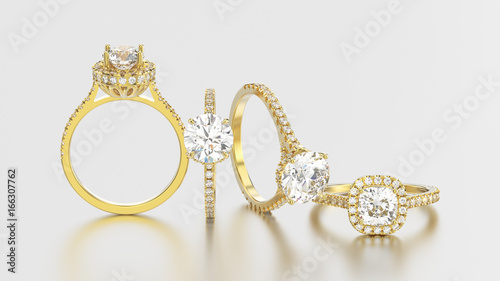 3D illustration isolated four yellow gold rings with diamonds different view