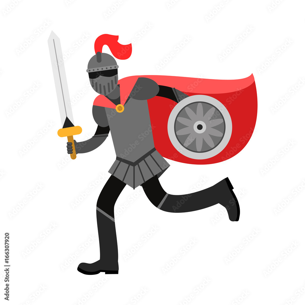 Medieval amed knight character in red cape, colorful vector Illustration Medieval amed knight character in red cape, colorful vector Illustration
