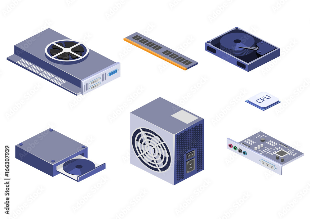 Isometric flat 3D isolated vector white computer Computer parts