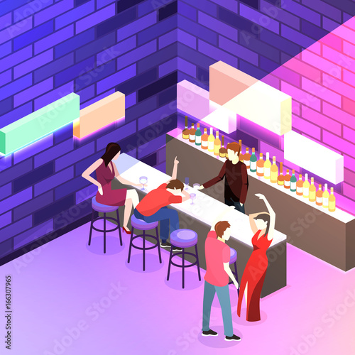 Isometric flat 3D isolated concept vector cutaway Bar in the nightclub.