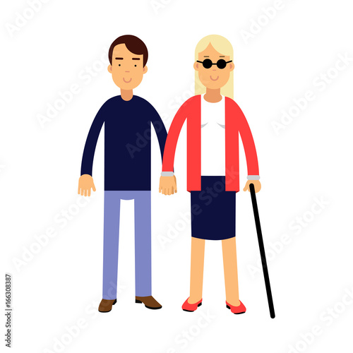 Young blonde blind woman in dark glasses with stick and helper colorful vector Illustration