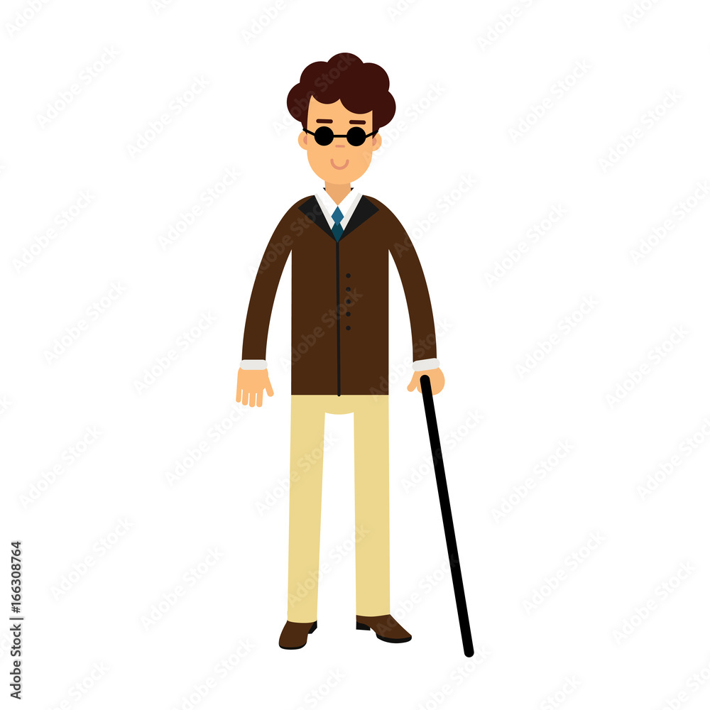 Blind young man in dark glasses and walking stick colorful vector Illustration Blind young man in dark glasses and walking stick colorful vector Illustration
