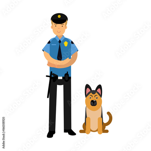 Policeman character in a blue uniform standing with german shepherd, police dog vector Illustration