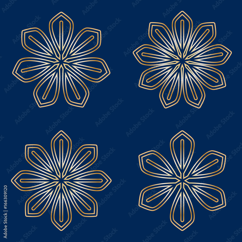 Set of simple round floral golden mandala on blue background Set of simple round floral golden mandala on blue background