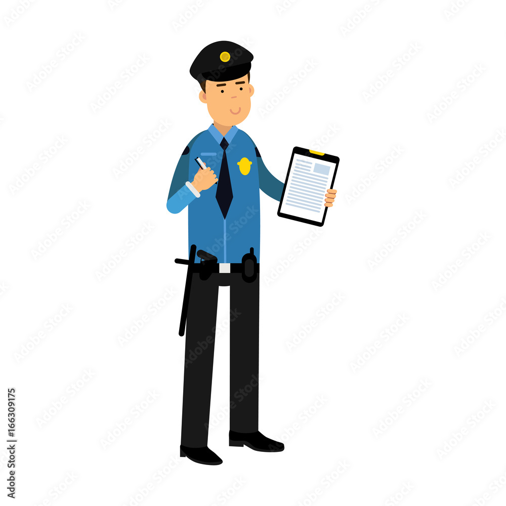 Police officer character in a blue uniform holding clipboard with form for police report vector Illustration