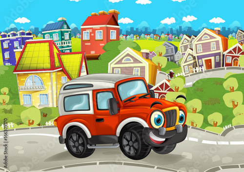 cartoon funny looking off road car driving through the city and smiling - illustration for children © honeyflavour