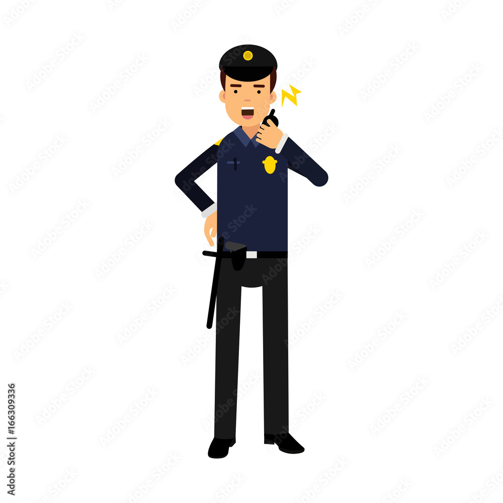Police officer in a blue uniform talking on a radio, colorful character vector Illustration