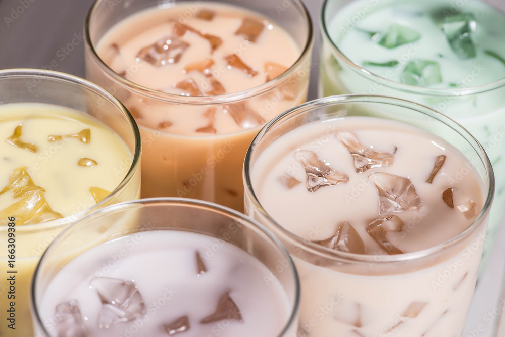 Boba / Bubble tea. Homemade Various Milk Tea with Pearls on wooden table. Boba / Bubble tea. Homemade Various Milk Tea with Pearls on wooden table.