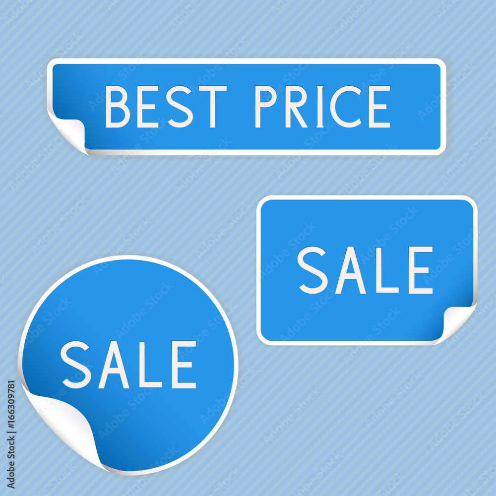 Best price and Sale sticker labels. Blue elements on gray background