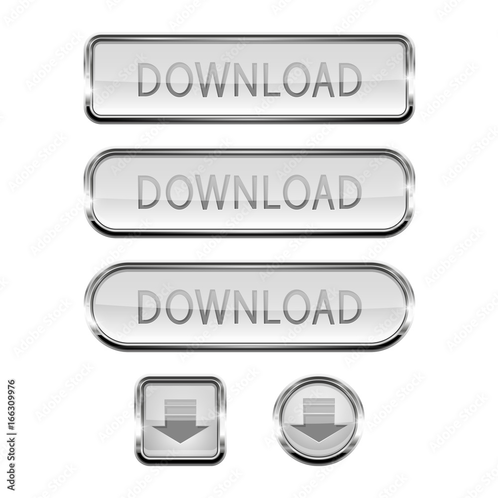 White DOWNLOAD buttons. Round, square and oval glass web icons with chrome frame White DOWNLOAD buttons. Round, square and oval glass web icons with chrome frame