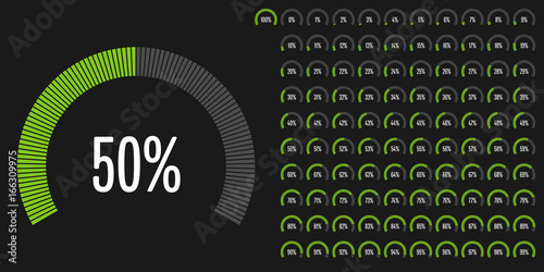 Set of circular sector percentage diagrams from 0 to 100 ready-to-use for web design, user interface (UI) or infographic - indicator with green