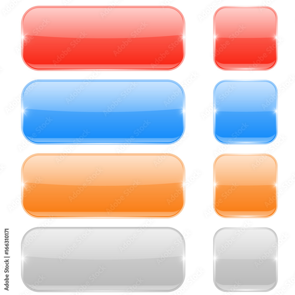 Glass buttons. Colored square and rectangle web icons Glass buttons. Colored square and rectangle web icons