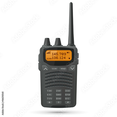 Radio transceiver. Black rectangle portable device with yellow screen and antenna