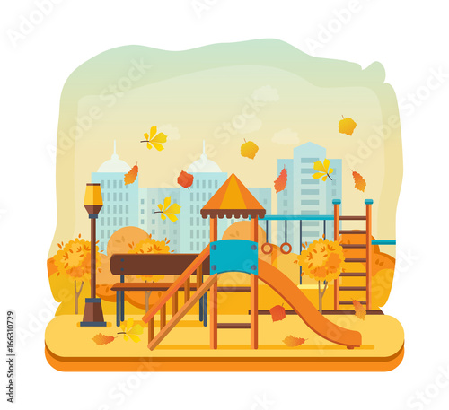 Autumn kids playground, entertainment in form of horizontal bars, swings.