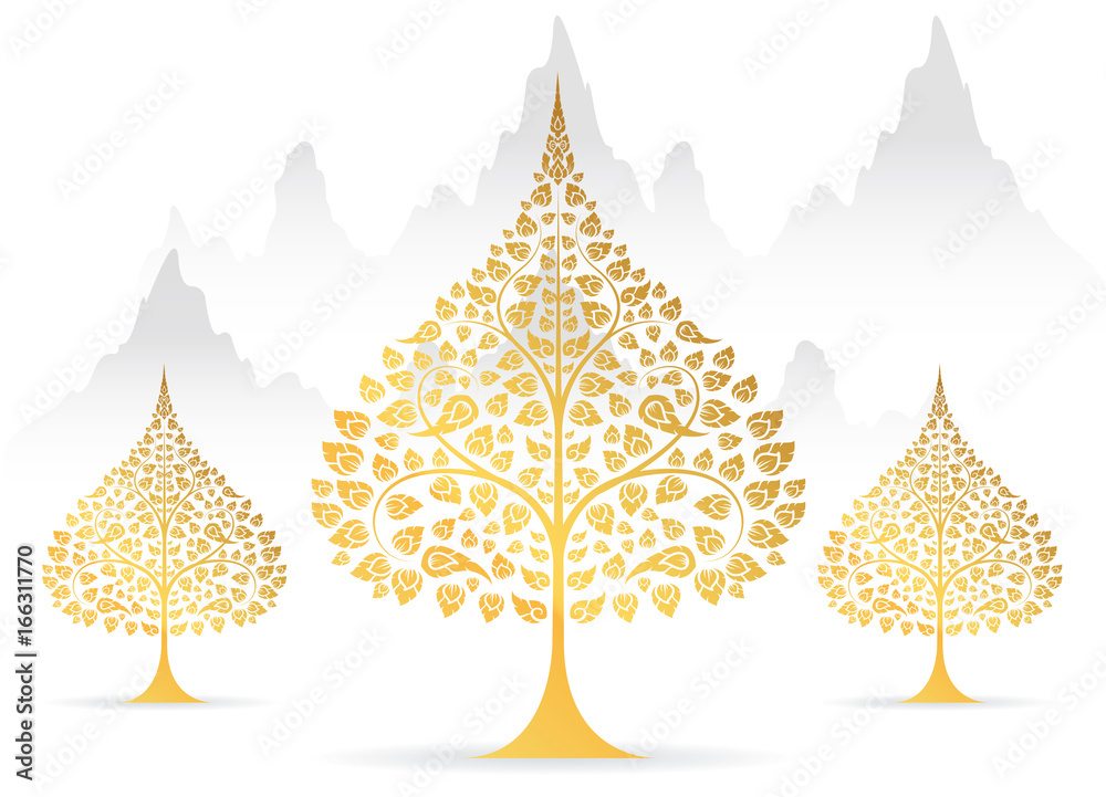 Obraz premium Bodhi tree and leaf gold color of thai tradition vector