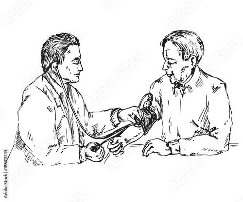 The doctor checks the blood pressure of an elderly patient, hand drawn doodle, sketch in pop art style, black and white vector illustration