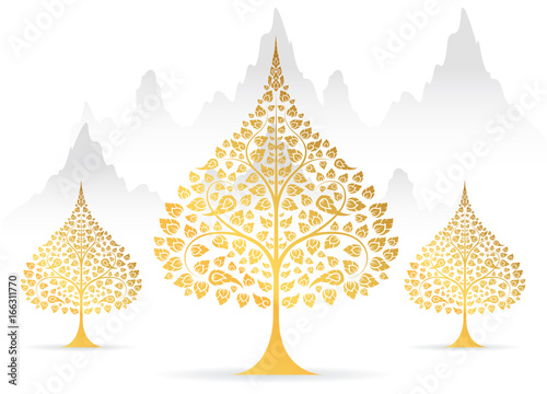 Bodhi tree and leaf gold color of thai tradition vector