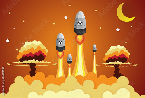 Nuclear war - atom bombs falling on the city,paper art style