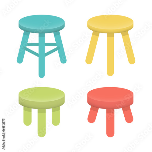 Different stool with three legs vector set. Colorful three legged stool isolated on white, illustration collection. Stool icons or design elements.