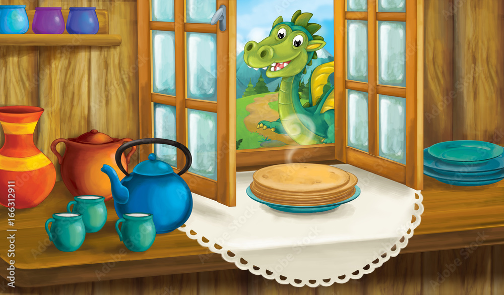 Cartoon background for fairy tale - interior of old fashioned house with  dragon outside looking at some pie - kitchen - illustration for the  children Stock Illustration | Adobe Stock