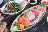 Sashimi Set.Japanese Raw Meat. with Salmon , Tuna , Sugiyo - Crab Stick , Saba - Mackerel , Ika - Squid