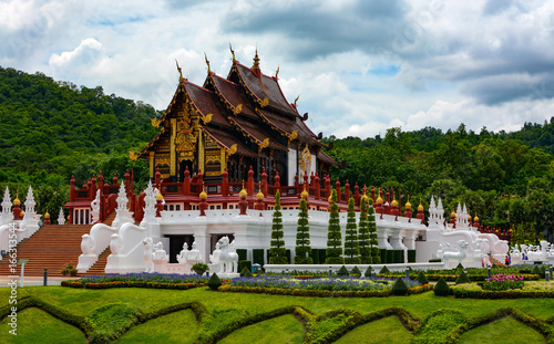 Ornate Thai architecture of Ho Kham Luang Pavilion at Royal Park Rajapruek in Chiang Mai, Thailand
