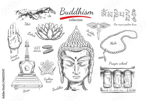 Buddhism collection. Spirituality,Yoga print. Vector hand drawn illustration. Sketch style. Ritual objects with Buddha head