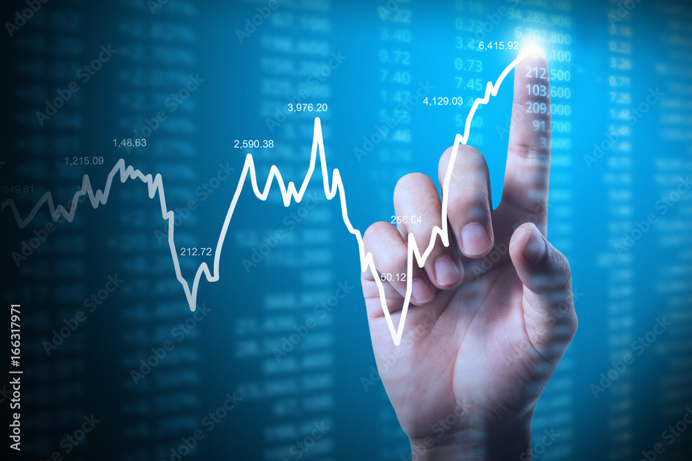 businessman with financial chart symbols coming from hand businessman with financial chart symbols coming from hand