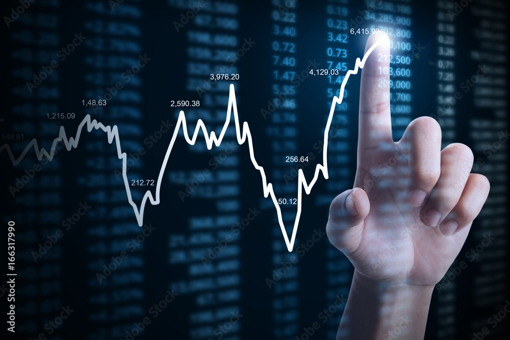 businessman with financial chart symbols coming from hand businessman with financial chart symbols coming from hand