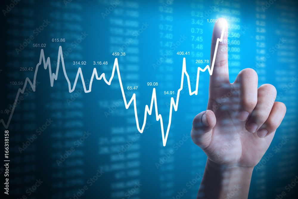 businessman with financial chart symbols coming from hand businessman with financial chart symbols coming from hand