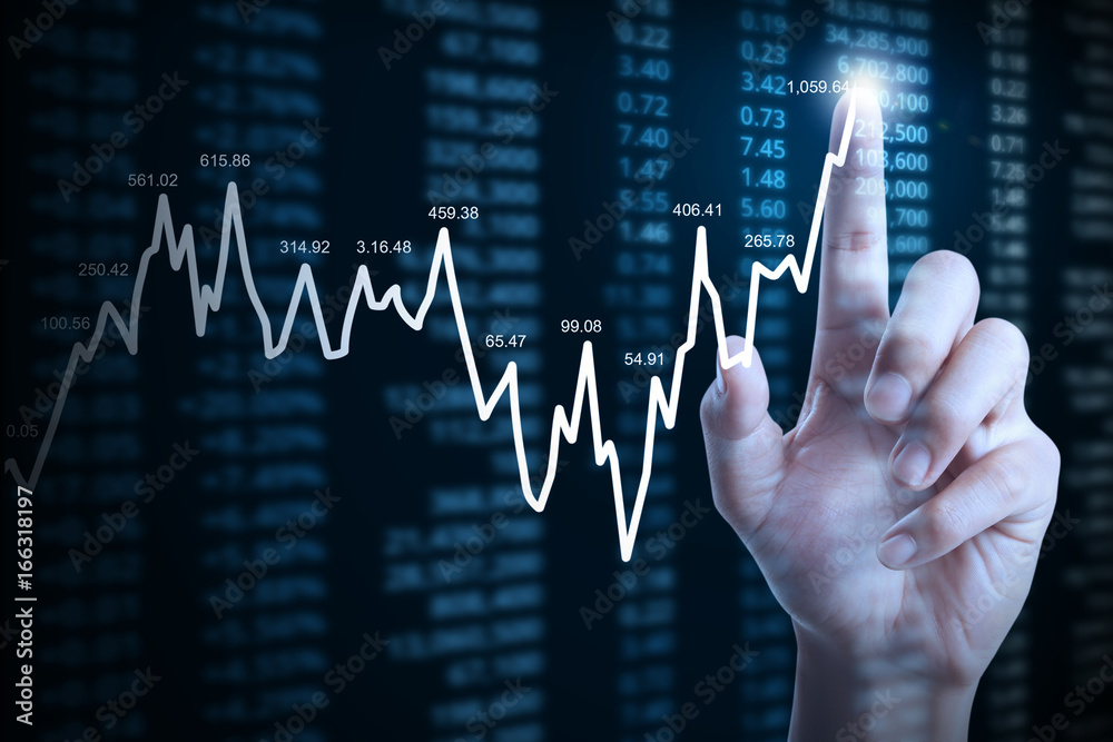 businessman with financial chart symbols coming from hand businessman with financial chart symbols coming from hand