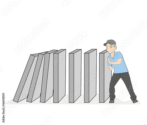 Domino effect. Stopping chain reaction business solution. Successful intervention. Man stops falling domino pushes hands. Vector illustration flat design. Isolated on background.