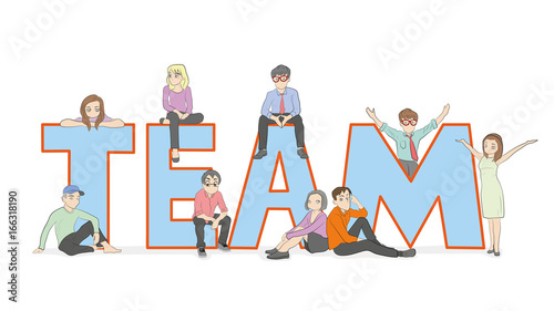 Sketch of working little people with a big word Team. Doodle is a cute miniature scene of young creative people. Hand-drawn cartoon vector illustration for business design.