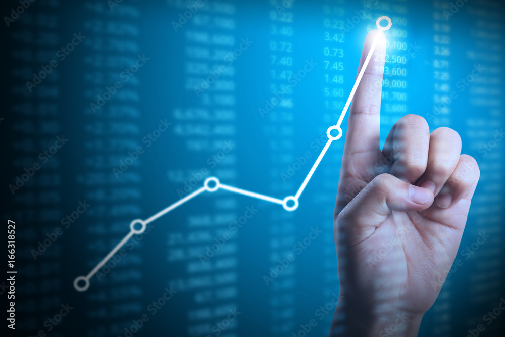 businessman with financial chart symbols coming from hand businessman with financial chart symbols coming from hand