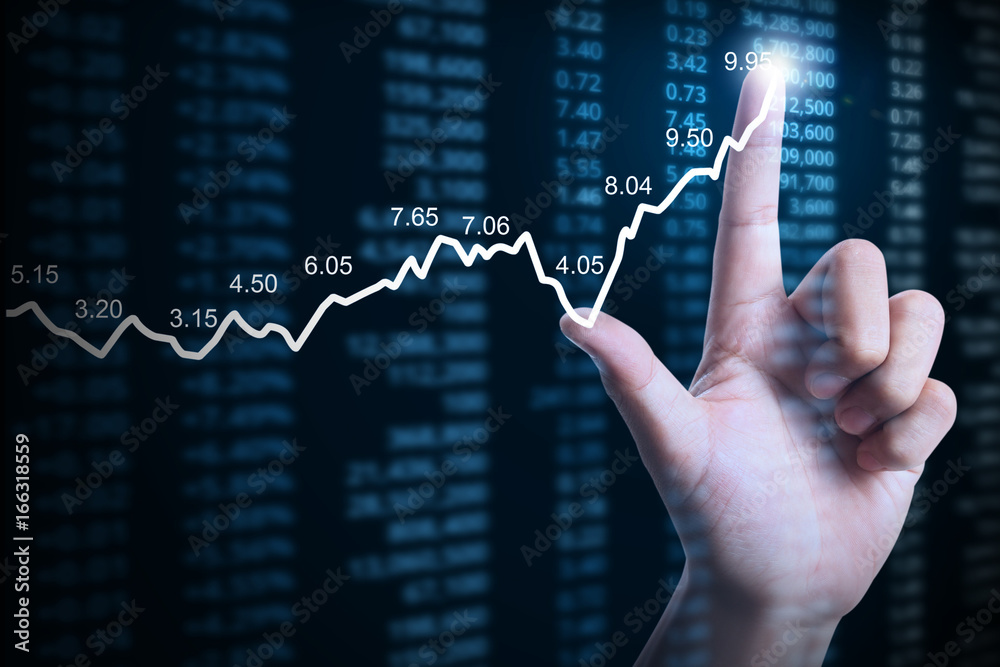 businessman with financial chart symbols coming from hand businessman with financial chart symbols coming from hand
